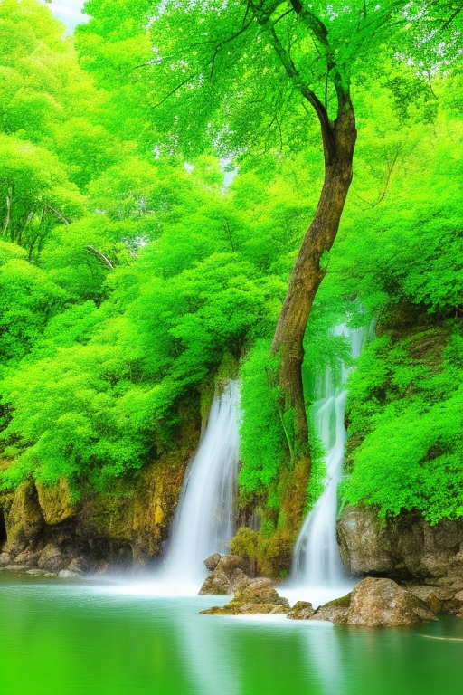 DreamShaper_v5_Green_tree_Golden_mountain_Waterfalls_and_lakes_0