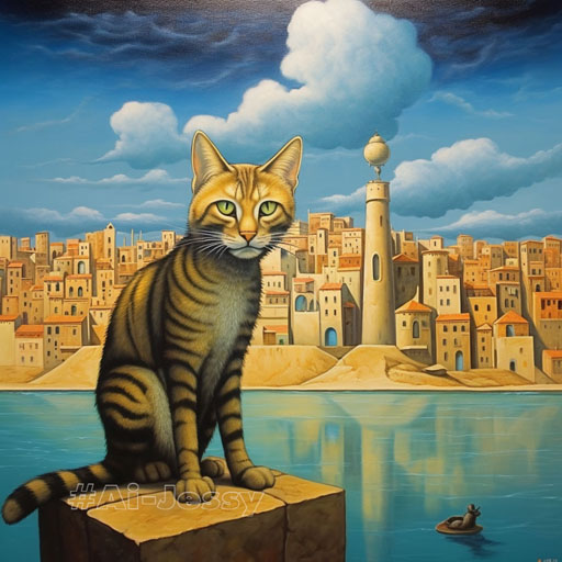 cat in city, Salvador Dali style