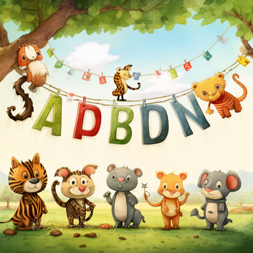 cute cartoon animals hanging from the alphabet letters watercolour